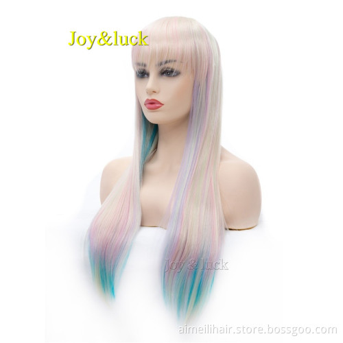 Long Straight Wig 24 inch Blonde Rainbow Colored Synthetic Wigs for Women Daily or Cosplay Wig Hair Style